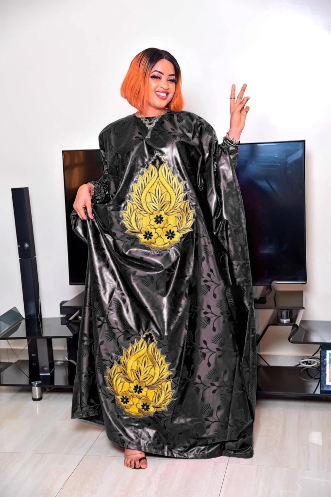 Plus Size African Bazin Riche Dress for Women – Elegant Floor - Length Embroidered Gown with Matching Scarf - Free Delivery Worldwide only at Flexi Africa