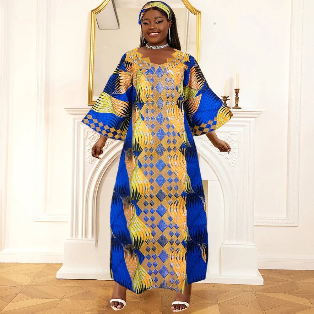 Plus Size African Clothes for Women 2025 New Dashiki Ankara Embroidery Bazin Riche Design Wedding Party Dresses with Headscarf - Free Delivery Worldwide only at Flexi Africa