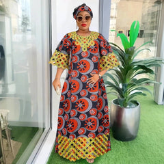 Plus Size African Dresses for Women – Dashiki Bazin Riche Wax Design Wedding Party Dresses with Headscarf - Free Delivery Worldwide only at Flexi Africa