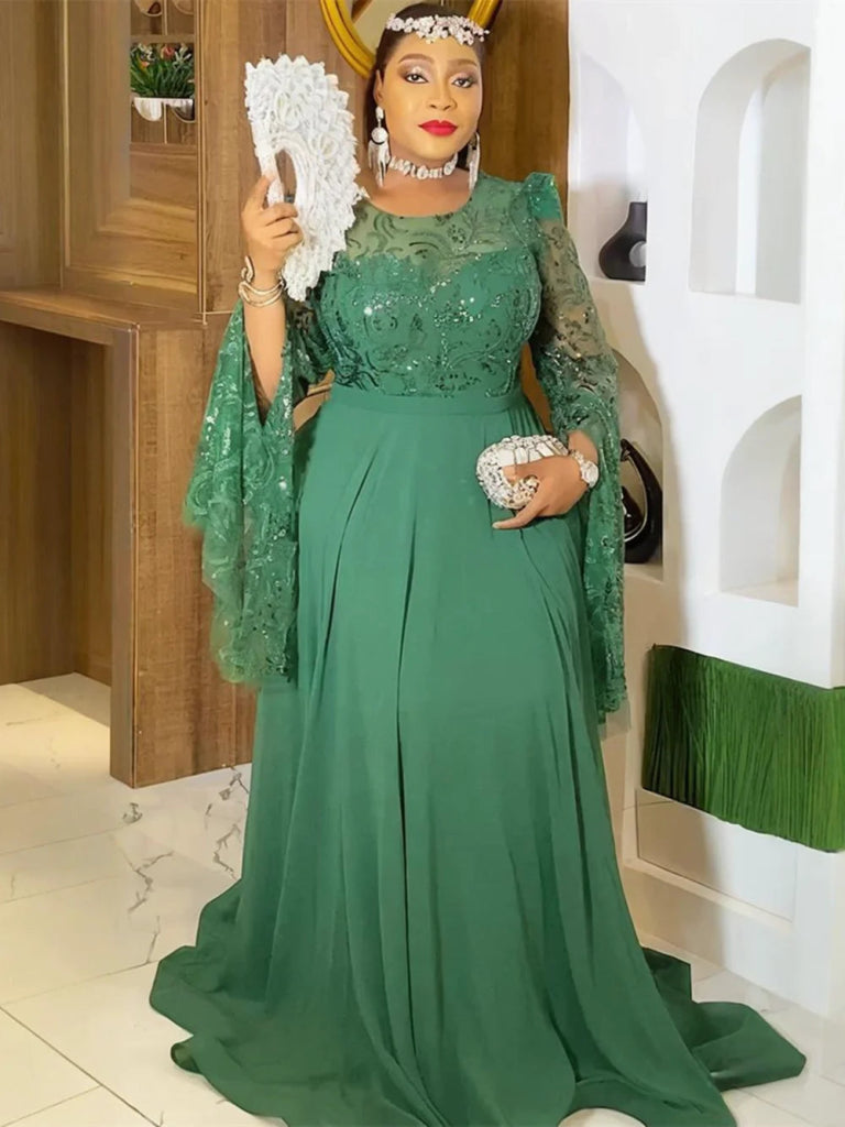 Plus Size African Sequin Evening Maxi Dress – Dashiki Long Sleeve Wedding Party Gown - Free Delivery Worldwide only at Flexi Africa