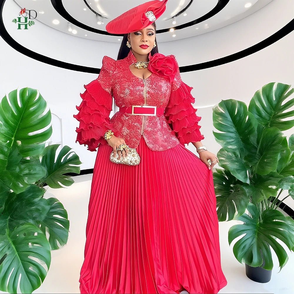 Plus Size African Wedding Outfit – Red Lace Top & Elegant Pleated Maxi Skirt Set - Free Delivery Worldwide only at Flexi Africa
