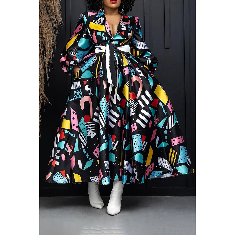 Plus Size Business Casual Maxi Dress: Black All Over Print with Lantern Sleeves and Pocket - Flexi Africa - Free Delivery Worldwide only at www.flexiafrica.com
