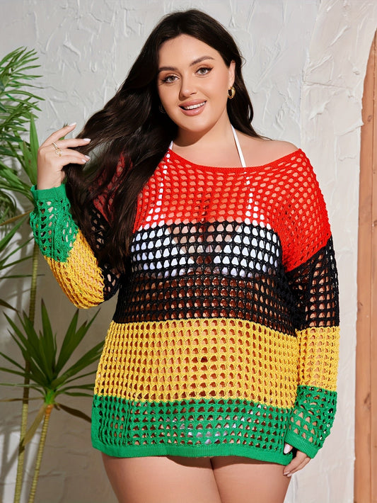 Plus Size Colorblock Striped Crochet Top - Casual Cut Out Long Sleeve Knitted Top for Women - Free Delivery Worldwide only at Flexi Africa