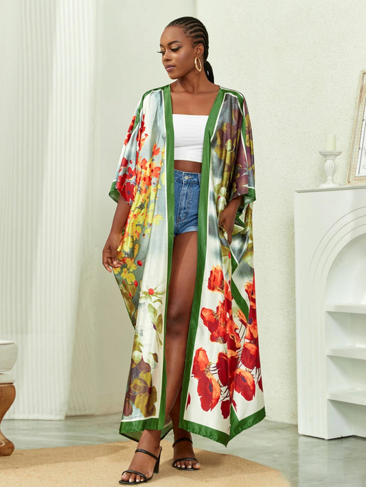 Plus Size Elegant Kimono, Women's Plus Solid Satin Half Sleeve Open Front Belted Kimono Cover Up - Free Delivery Worldwide only at Flexi Africa