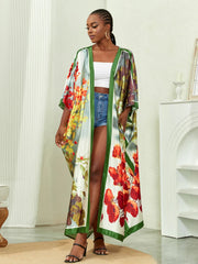 Plus Size Elegant Kimono, Women's Plus Solid Satin Half Sleeve Open Front Belted Kimono Cover Up - Flexi Africa - Free Delivery Worldwide only at www.flexiafrica.com