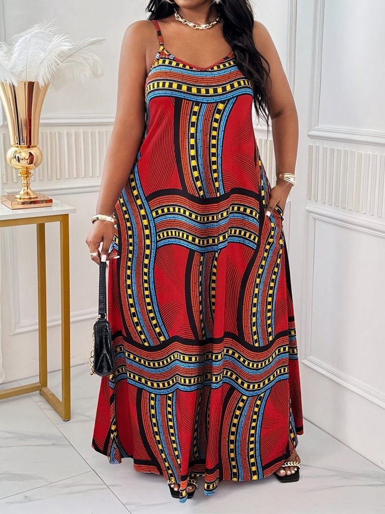 Plus Size Elegant Printed Maxi Dress with Straps & Pockets – Spring Summer Style - Free Delivery Worldwide only at Flexi Africa