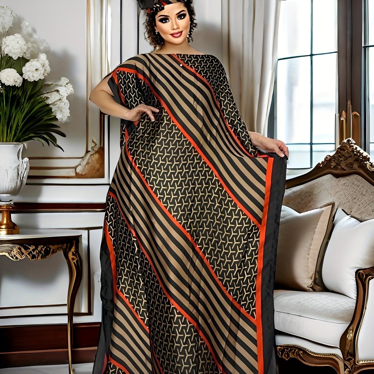 Plus Size Women's Geometric Print Maxi Kaftan – Batwing Sleeve, Round Neck - Free Delivery Worldwide only at Flexi Africa