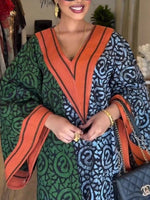 Plus Size Women’s Long - Sleeve V - Neck Maxi Dress – Patchwork Print, Flattering Fit & Elegant All - Season Style - Free Delivery Worldwide only at Flexi Africa