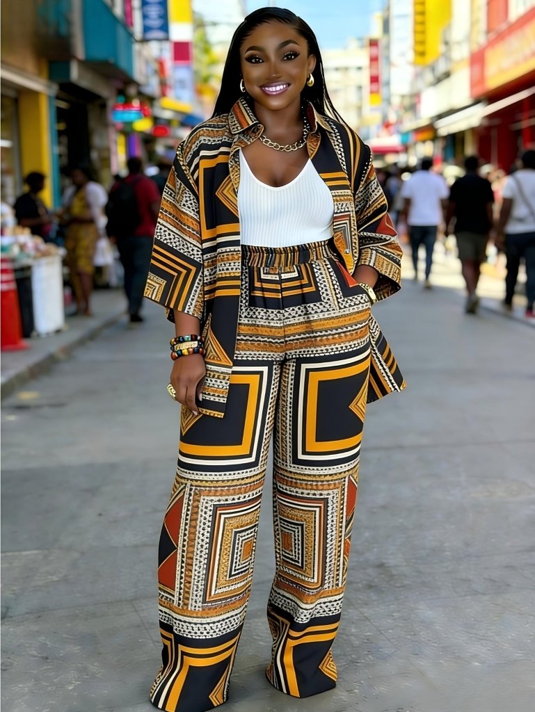 Plus Size Women’s Printed Suit Set (XL–8XL) – Casual Long Sleeve 2PC Outfit - Free Delivery Worldwide only at Flexi Africa