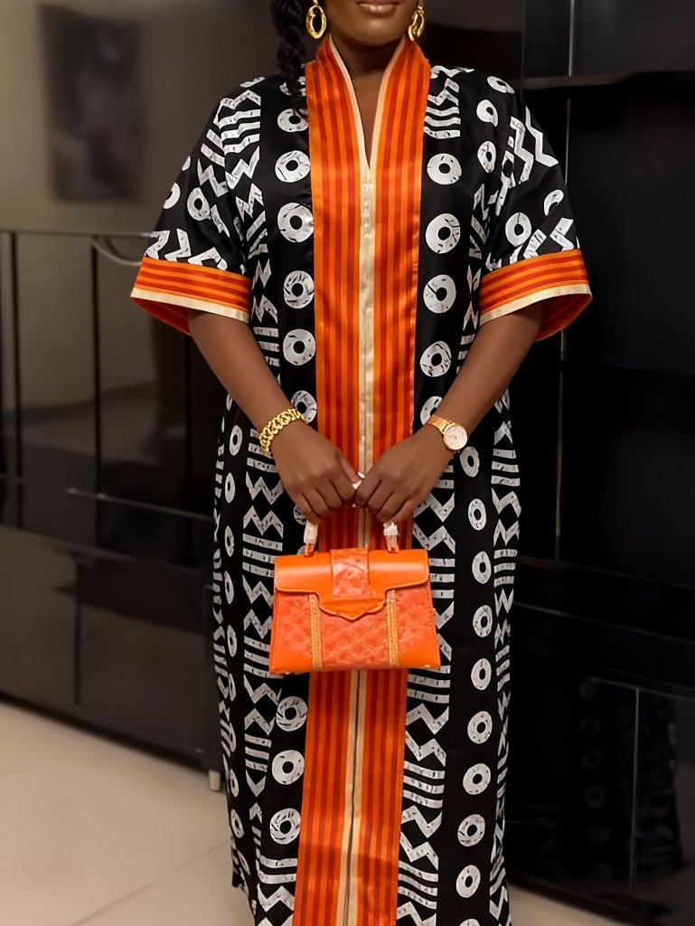 Buy Plus Size Women’s V-Neck Maxi Dress – Bold Letter Print & Orange Geometric Pattern for only $35.48 at Flexi Africa!