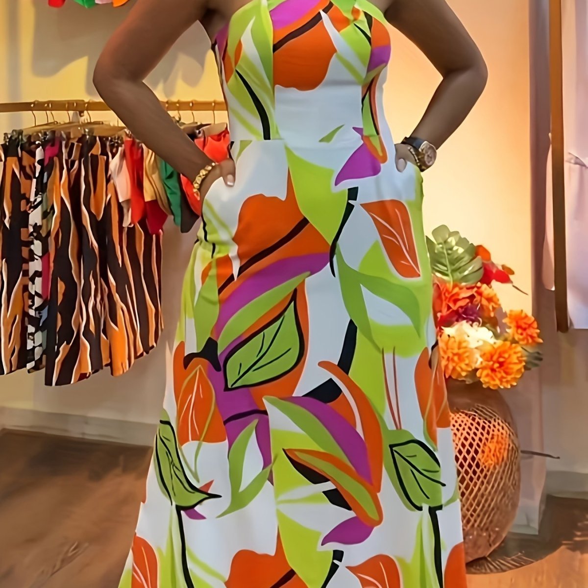 Print Casual Vacation Ready Halter Dress with Plant Print - Polyester - Free Delivery Worldwide only at Flexi Africa