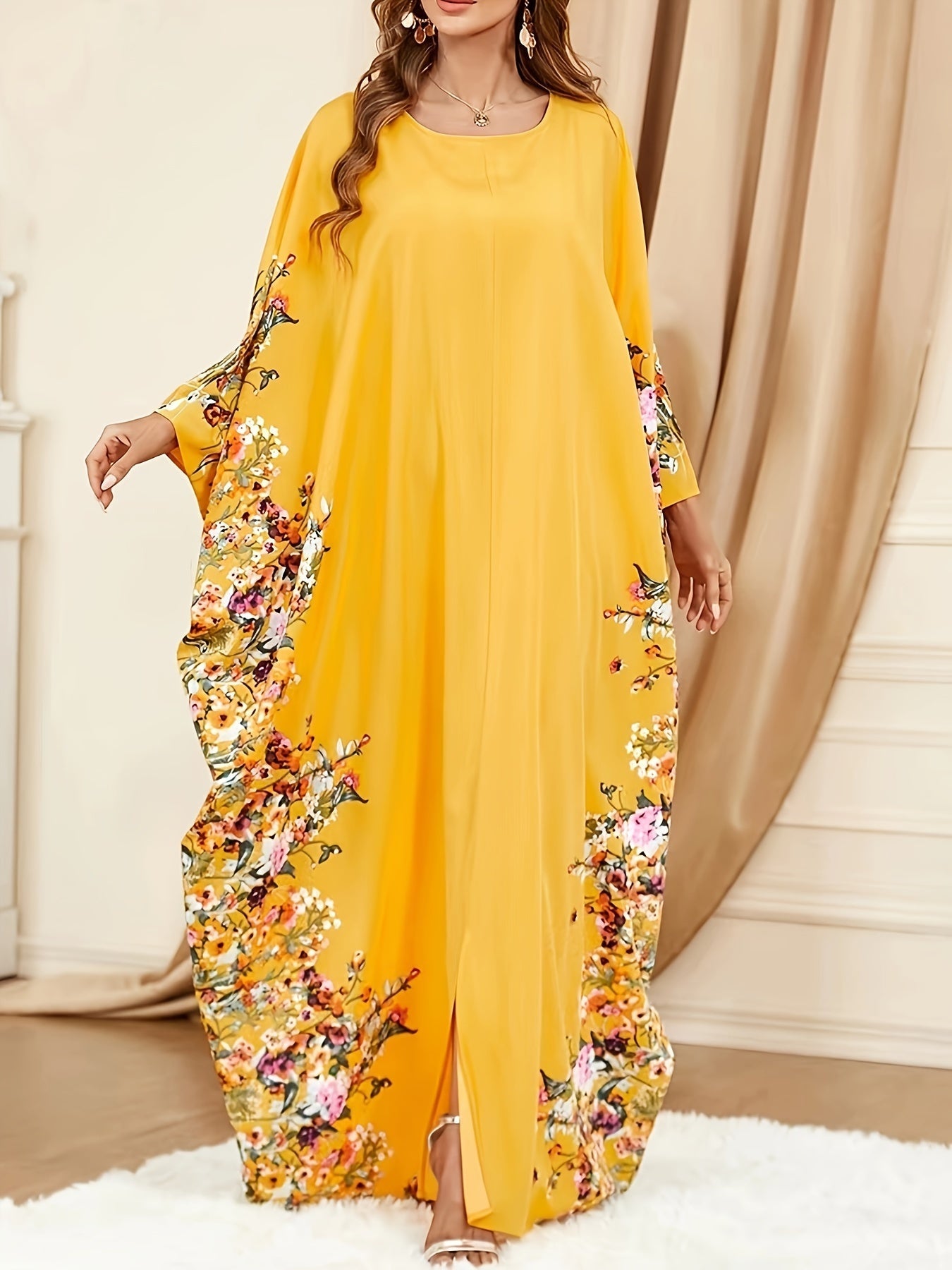 Ramadan Floral Print Crew Neck Kaftan, Elegant Batwing Sleeve Split Maxi Dress - Free Delivery Worldwide only at Flexi Africa