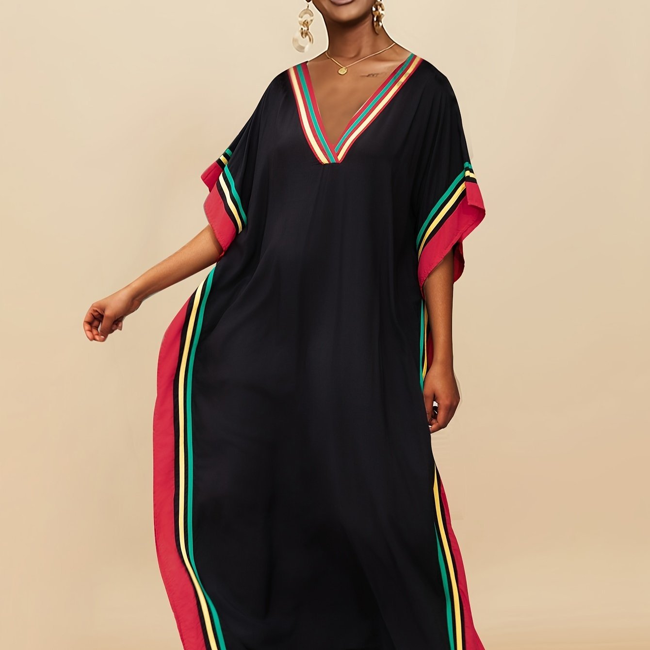 Striped Print V - Neck Batwing Sleeve Cover Up Dress, Side Split Loose Fit Black Elegant Beach Kaftan - Free Delivery Worldwide only at Flexi Africa