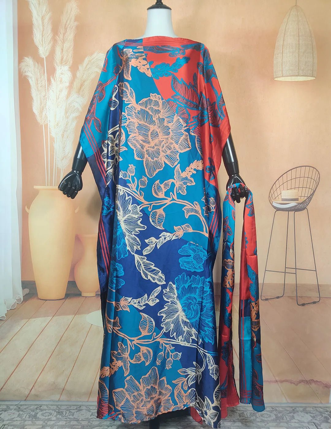Stunning Silk Kaftan Maxi Dress with Matching Scarf: Perfect Summer Boho Beachwear for Women - Flexi Africa - Free Delivery Worldwide only at www.flexiafrica.com
