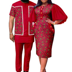 Summer African Couple Outfit – Puff Sleeve Dress for Women with Matching Men’s Bazin Riche Suit - Free Delivery Worldwide only at Flexi Africa