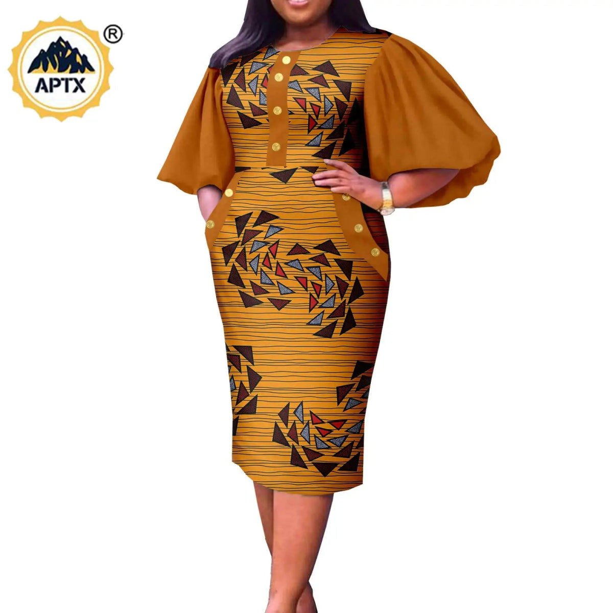 Summer African Couple Outfit – Puff Sleeve Dress for Women with Matching Men’s Bazin Riche Suit - Free Delivery Worldwide only at Flexi Africa