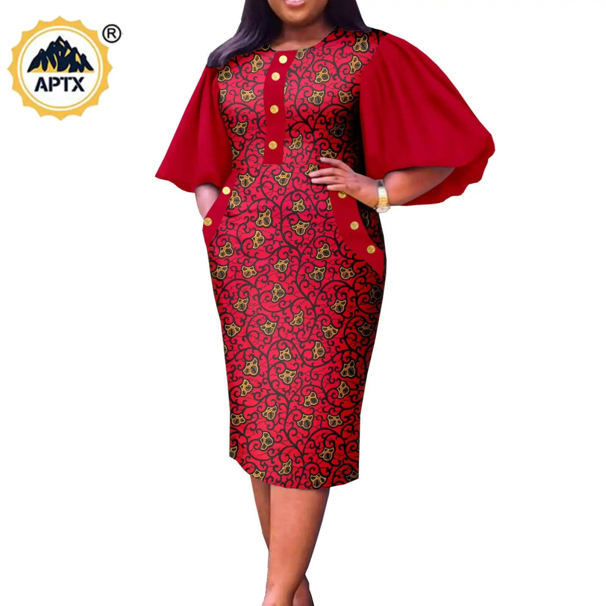 Summer African Couple Outfit – Puff Sleeve Dress for Women with Matching Men’s Bazin Riche Suit - Free Delivery Worldwide only at Flexi Africa
