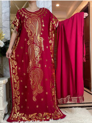 Summer Kaftan Dress with Oversized Scarf – Loose Fit Abaya for Women, African - Inspired Casual Maxi with Gold Stamping - Free Delivery Worldwide only at Flexi Africa