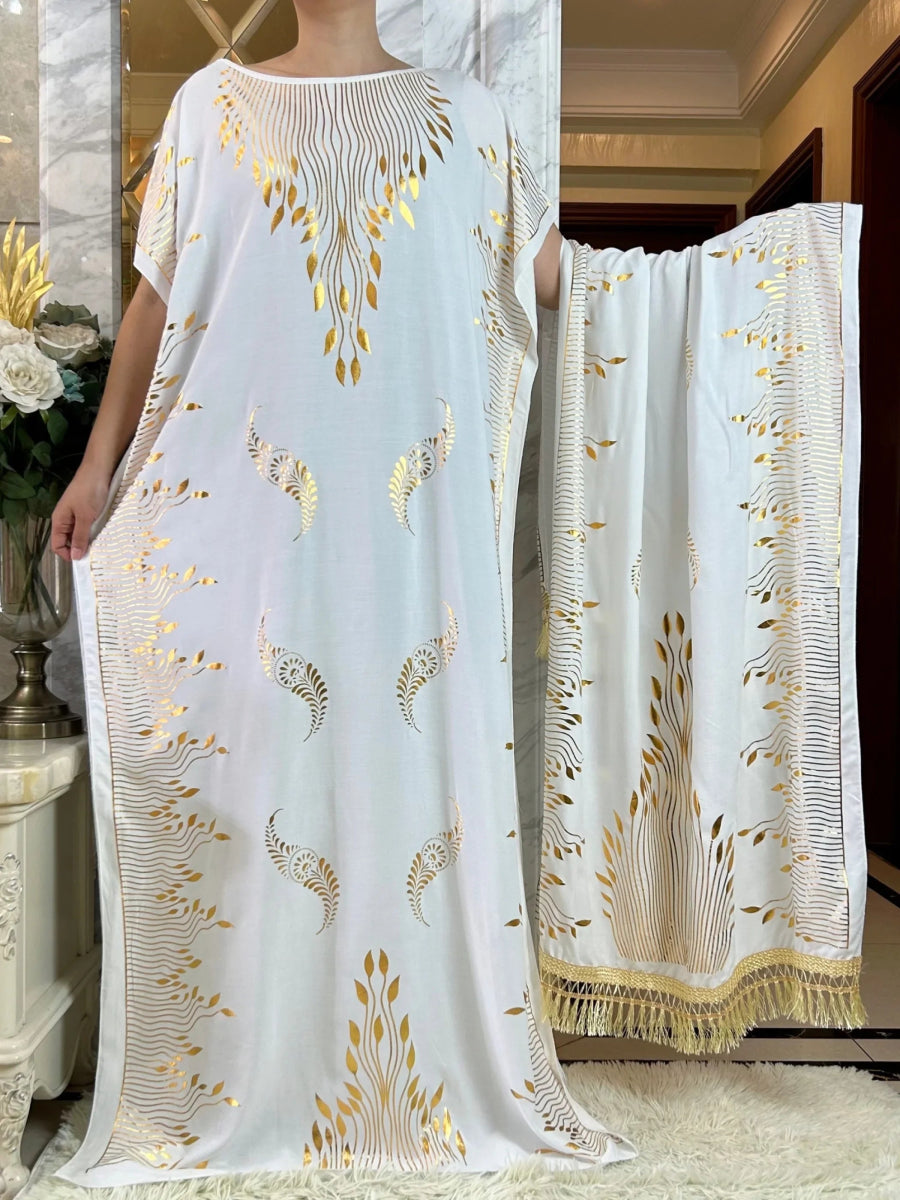 Summer Kaftan Dress with Oversized Scarf – Loose Fit Abaya for Women, African - Inspired Casual Maxi with Gold Stamping - Free Delivery Worldwide only at Flexi Africa