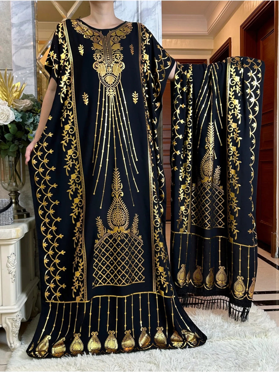 Summer Kaftan Dress with Oversized Scarf – Loose Fit Abaya for Women, African - Inspired Casual Maxi with Gold Stamping - Free Delivery Worldwide only at Flexi Africa