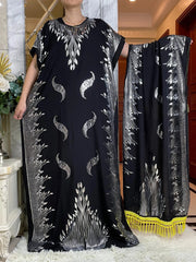 Summer Maxi Dress: Cotton with Gold Stamping, Short Sleeves, and Matching Big Scarf - Flexi Africa - www.flexiafrica.com