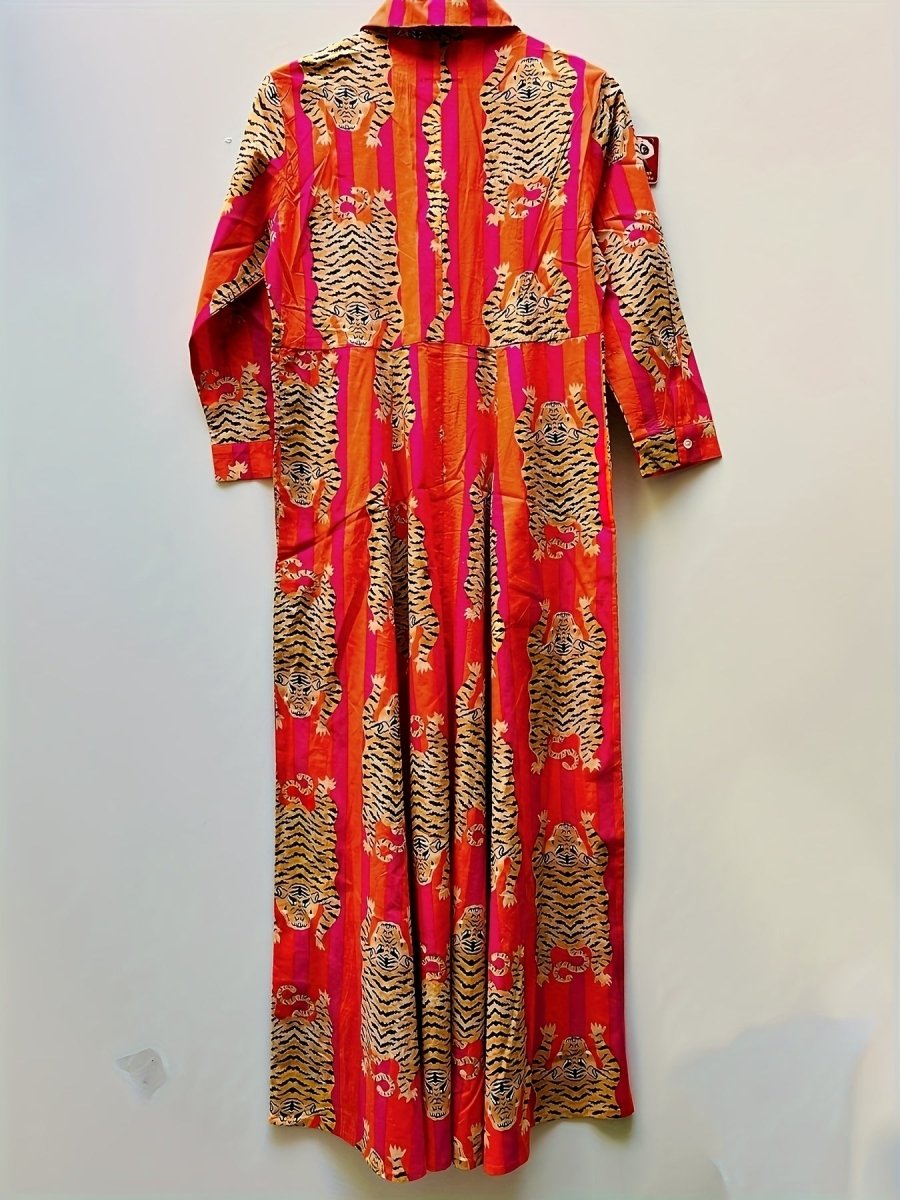 Tiger Print Three - quarter Sleeve Long Dress, Lapel Shirt Dress, Button Closure, Hree - quarter Sleeve, Loose Fit - Free Delivery Worldwide only at Flexi Africa