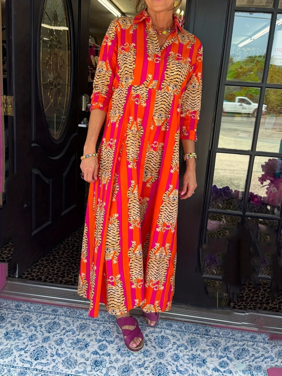 Tiger Print Three - quarter Sleeve Long Dress, Lapel Shirt Dress, Button Closure, Hree - quarter Sleeve, Loose Fit - Free Delivery Worldwide only at Flexi Africa