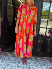 Tiger Print Three - quarter Sleeve Long Dress, Lapel Shirt Dress, Button Closure, Hree - quarter Sleeve, Loose Fit - Free Delivery Worldwide only at Flexi Africa