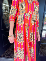 Tiger Print Three - quarter Sleeve Long Dress, Lapel Shirt Dress, Button Closure, Hree - quarter Sleeve, Loose Fit - Free Delivery Worldwide only at Flexi Africa