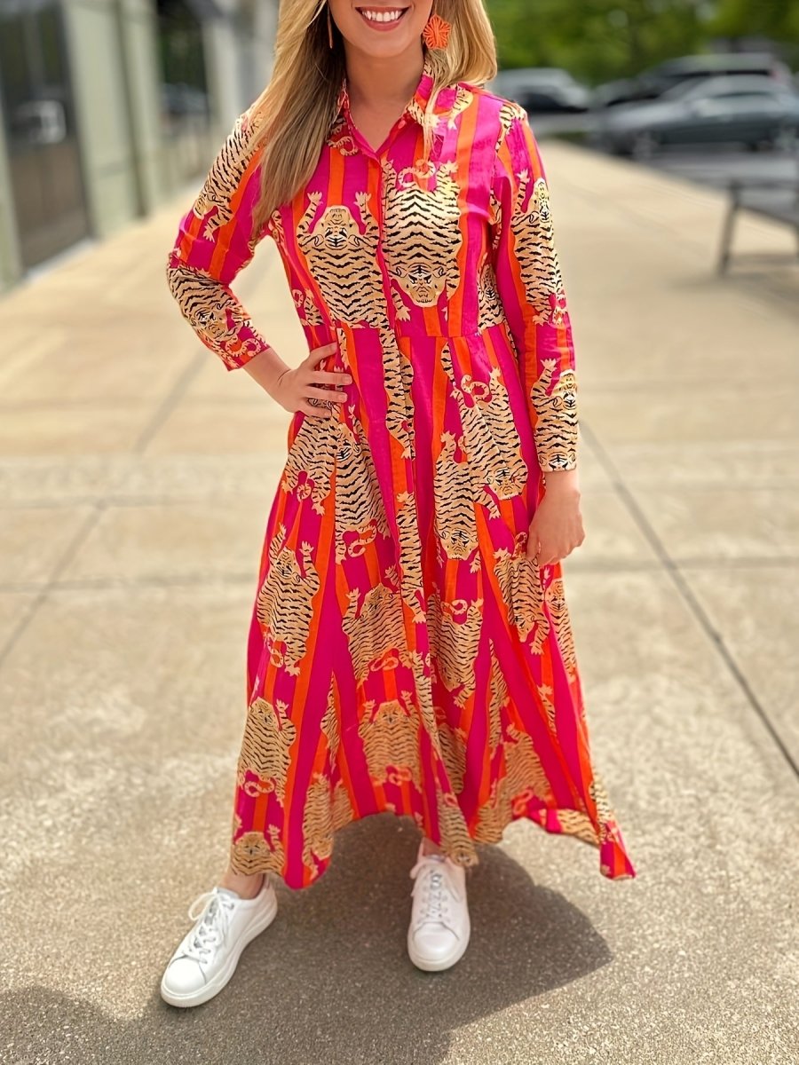 Tiger Print Three - quarter Sleeve Long Dress, Lapel Shirt Dress, Button Closure, Hree - quarter Sleeve, Loose Fit - Free Delivery Worldwide only at Flexi Africa