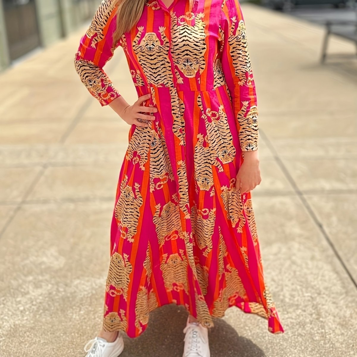Tiger Print Three - quarter Sleeve Long Dress, Lapel Shirt Dress, Button Closure, Hree - quarter Sleeve, Loose Fit - Free Delivery Worldwide only at Flexi Africa