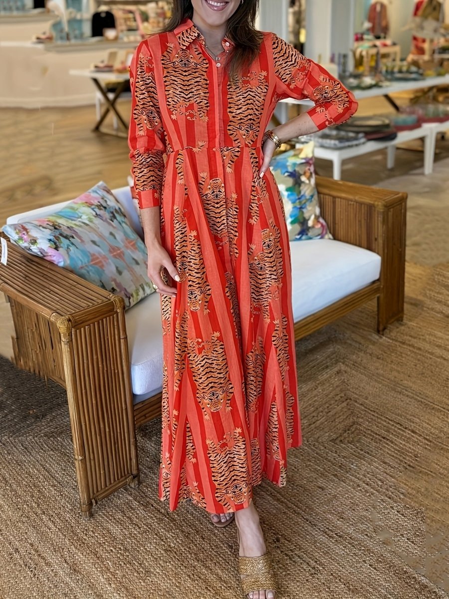Tiger Print Three - quarter Sleeve Long Dress, Lapel Shirt Dress, Button Closure, Hree - quarter Sleeve, Loose Fit - Free Delivery Worldwide only at Flexi Africa