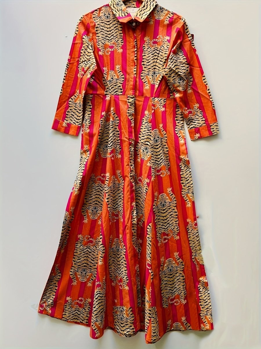 Tiger Print Three - quarter Sleeve Long Dress, Lapel Shirt Dress, Button Closure, Hree - quarter Sleeve, Loose Fit - Free Delivery Worldwide only at Flexi Africa