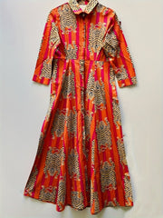 Tiger Print Three - quarter Sleeve Long Dress, Lapel Shirt Dress, Button Closure, Hree - quarter Sleeve, Loose Fit - Free Delivery Worldwide only at Flexi Africa