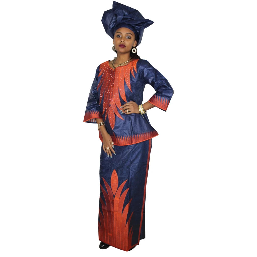 Traditional African Dress Set for Women – 3/4 Sleeve Blouse, Wrapper & Matching Headscarf - Free Delivery Worldwide only at Flexi Africa