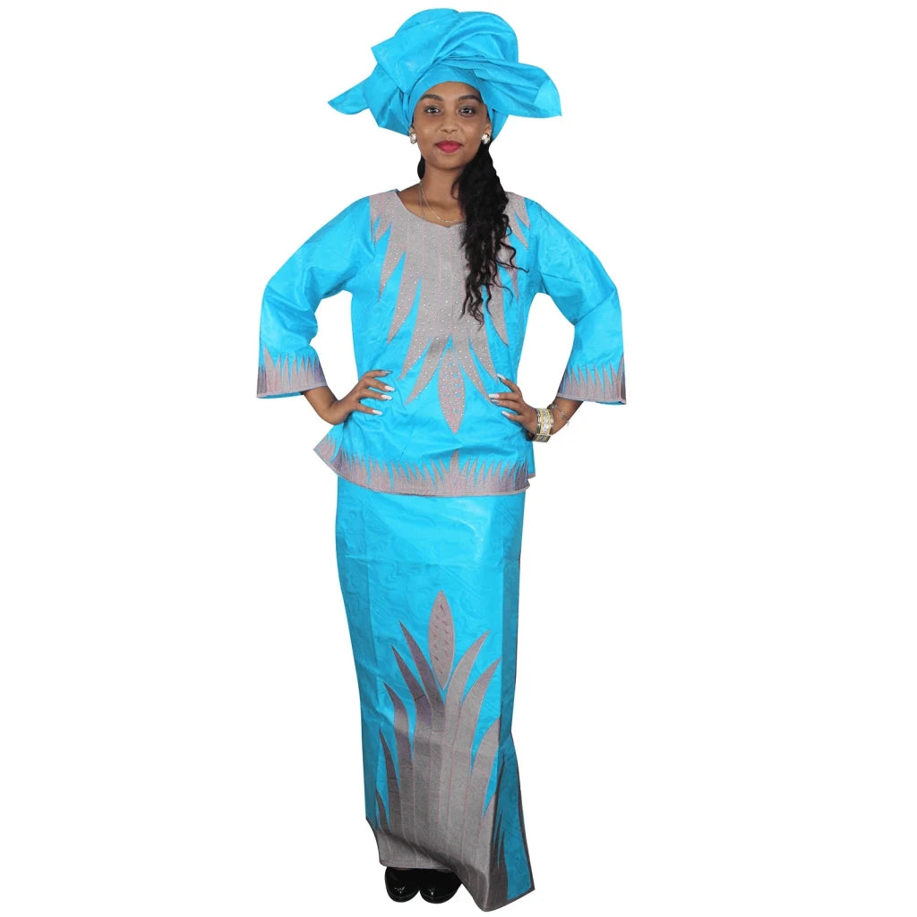 Traditional African Dress Set for Women – 3/4 Sleeve Blouse, Wrapper & Matching Headscarf - Free Delivery Worldwide only at Flexi Africa