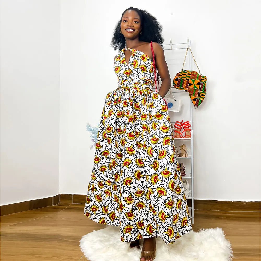 Traditional African Wax Print Dress for Women – Dashiki Halter Neck Maxi Dress - Free Delivery Worldwide only at Flexi Africa