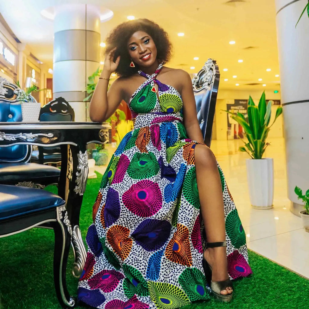 Traditional African Wax Print Dress for Women – Dashiki Halter Neck Maxi Dress - Free Delivery Worldwide only at Flexi Africa