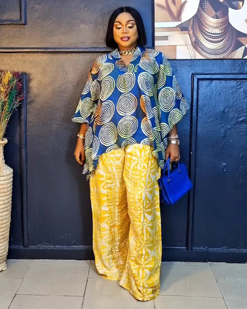 Two 2 Piece Set V - neck Clothes for Women African Print Dresses Vacation Outfits 2025 Tops Pant Sets Dashiki Ankara Turkey Dames - Free Delivery Worldwide only at Flexi Africa