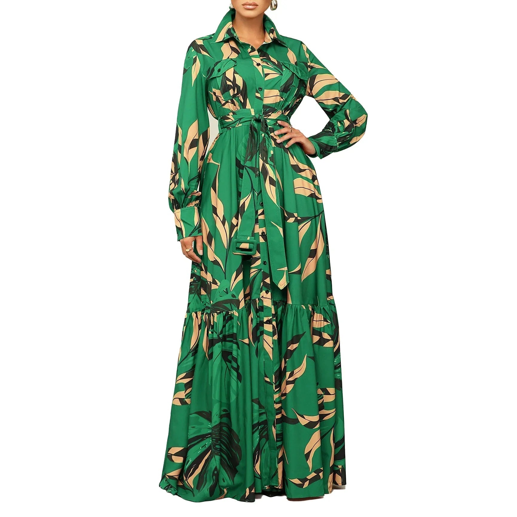 Vibrant Dashiki African Maxi Dress: Red Green Polyester Spring Long Sleeve V - neck Print - Flexi Africa - Free Delivery Worldwide only at www.flexiafrica.com