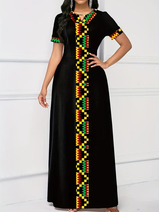 Vibrant Ethnic Print Maxi Dress - Chic Keyhole Detail, Relaxed Crew Neck, Short Sleeves, Flowy Floor - Sweeping Style - Free Delivery Worldwide only at Flexi Africa