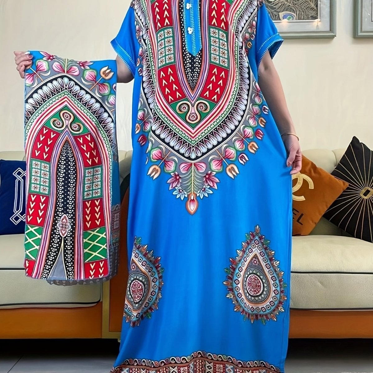 Vibrant Middle Eastern African Kaftan Dress - Colorful Rayon Tribal Long Gown with Short Sleeves, Loose Fit for All Seasons, Handwash/Dry Clean - Elegant Casual Wear - Free Delivery Worldwide only at Flexi Africa