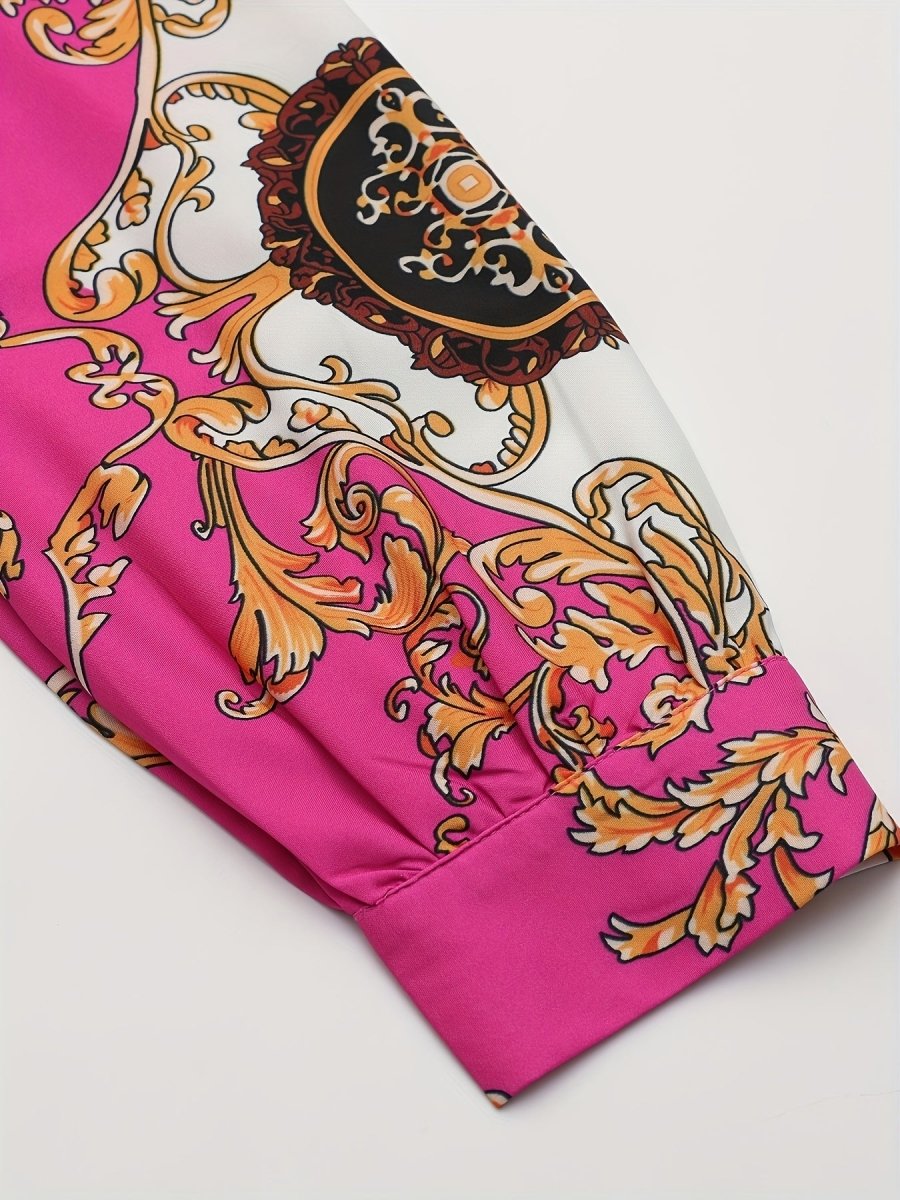 Vintage Bohemian Long Sleeve Maxi Dress - Vibrant Pink with Golden & Black Floral Patterns, High Neck Tie, Perfect for Fall, Winter, Spring, and Summer, Holiday Party Dress|Vintage Bohemian Style|Long Sleeve Dress - Free Delivery Worldwide only at Flexi Africa