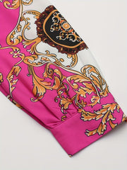 Vintage Bohemian Long Sleeve Maxi Dress - Vibrant Pink with Golden & Black Floral Patterns, High Neck Tie, Perfect for Fall, Winter, Spring, and Summer, Holiday Party Dress|Vintage Bohemian Style|Long Sleeve Dress - Free Delivery Worldwide only at Flexi Africa