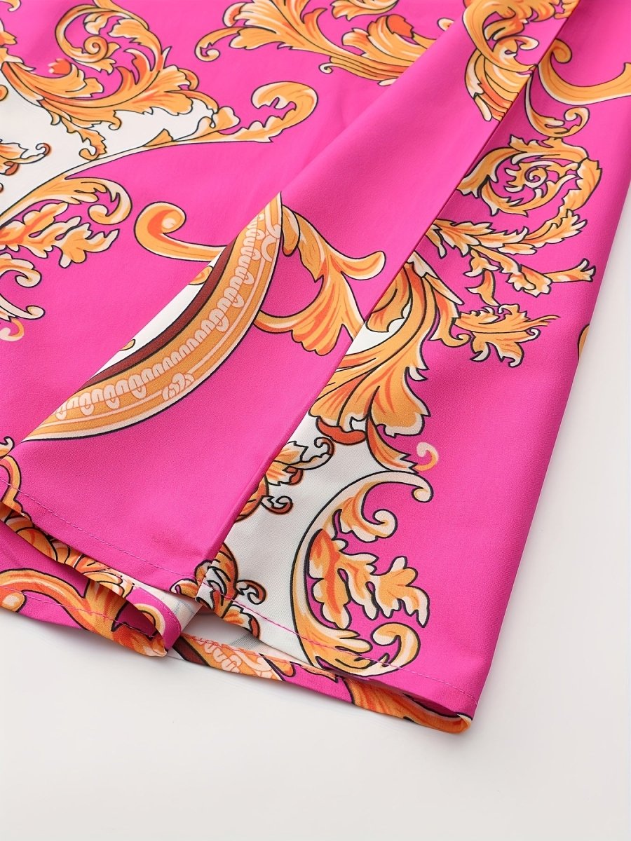 Vintage Bohemian Long Sleeve Maxi Dress - Vibrant Pink with Golden & Black Floral Patterns, High Neck Tie, Perfect for Fall, Winter, Spring, and Summer, Holiday Party Dress|Vintage Bohemian Style|Long Sleeve Dress - Free Delivery Worldwide only at Flexi Africa
