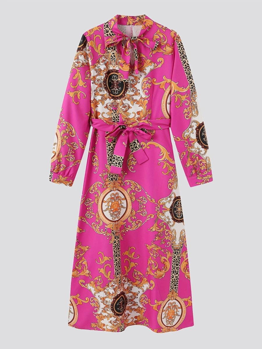 Vintage Bohemian Long Sleeve Maxi Dress - Vibrant Pink with Golden & Black Floral Patterns, High Neck Tie, Perfect for Fall, Winter, Spring, and Summer, Holiday Party Dress|Vintage Bohemian Style|Long Sleeve Dress - Free Delivery Worldwide only at Flexi Africa