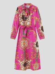Vintage Bohemian Long Sleeve Maxi Dress - Vibrant Pink with Golden & Black Floral Patterns, High Neck Tie, Perfect for Fall, Winter, Spring, and Summer, Holiday Party Dress|Vintage Bohemian Style|Long Sleeve Dress - Free Delivery Worldwide only at Flexi Africa
