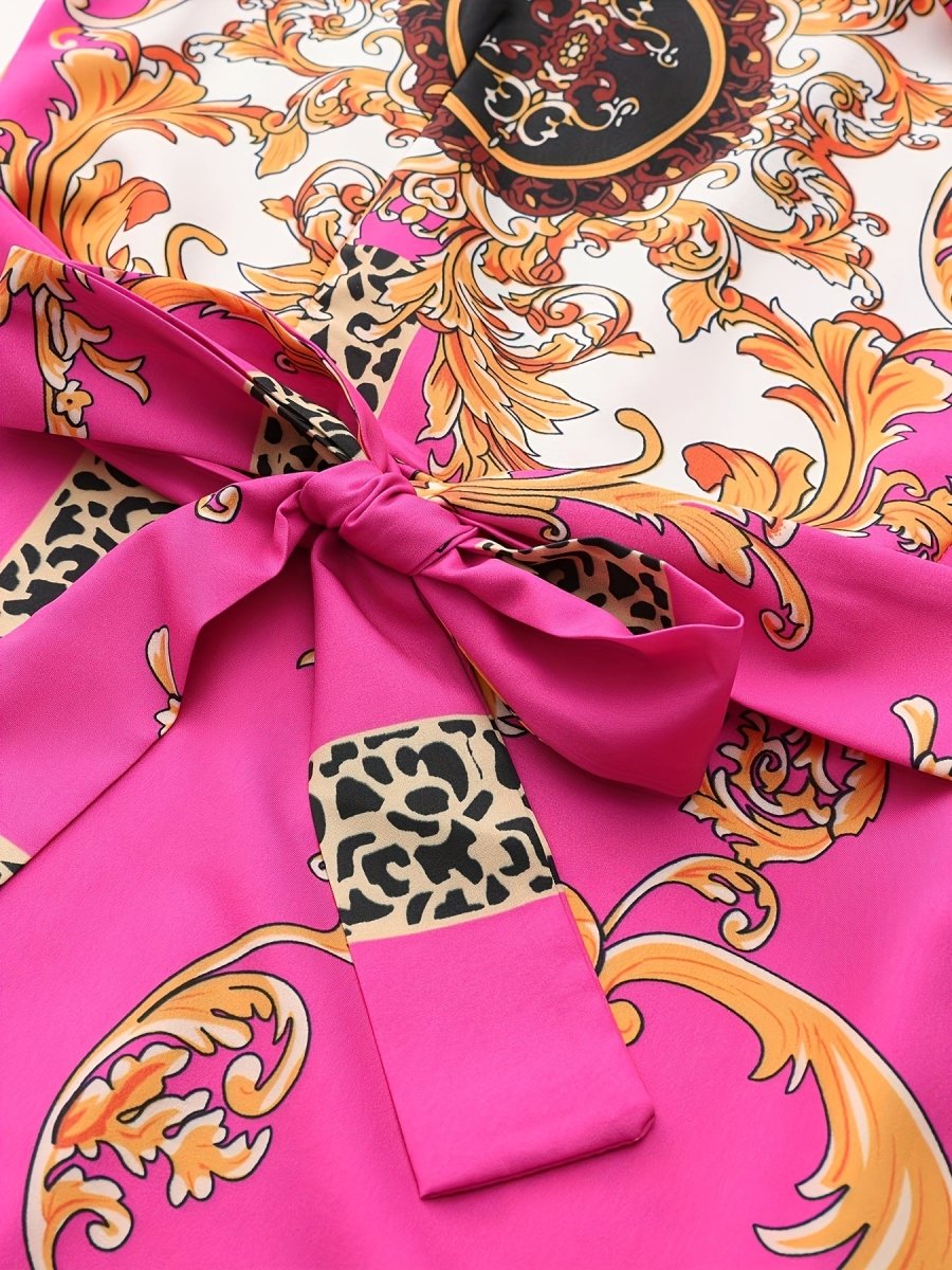 Vintage Bohemian Long Sleeve Maxi Dress - Vibrant Pink with Golden & Black Floral Patterns, High Neck Tie, Perfect for Fall, Winter, Spring, and Summer, Holiday Party Dress|Vintage Bohemian Style|Long Sleeve Dress - Free Delivery Worldwide only at Flexi Africa