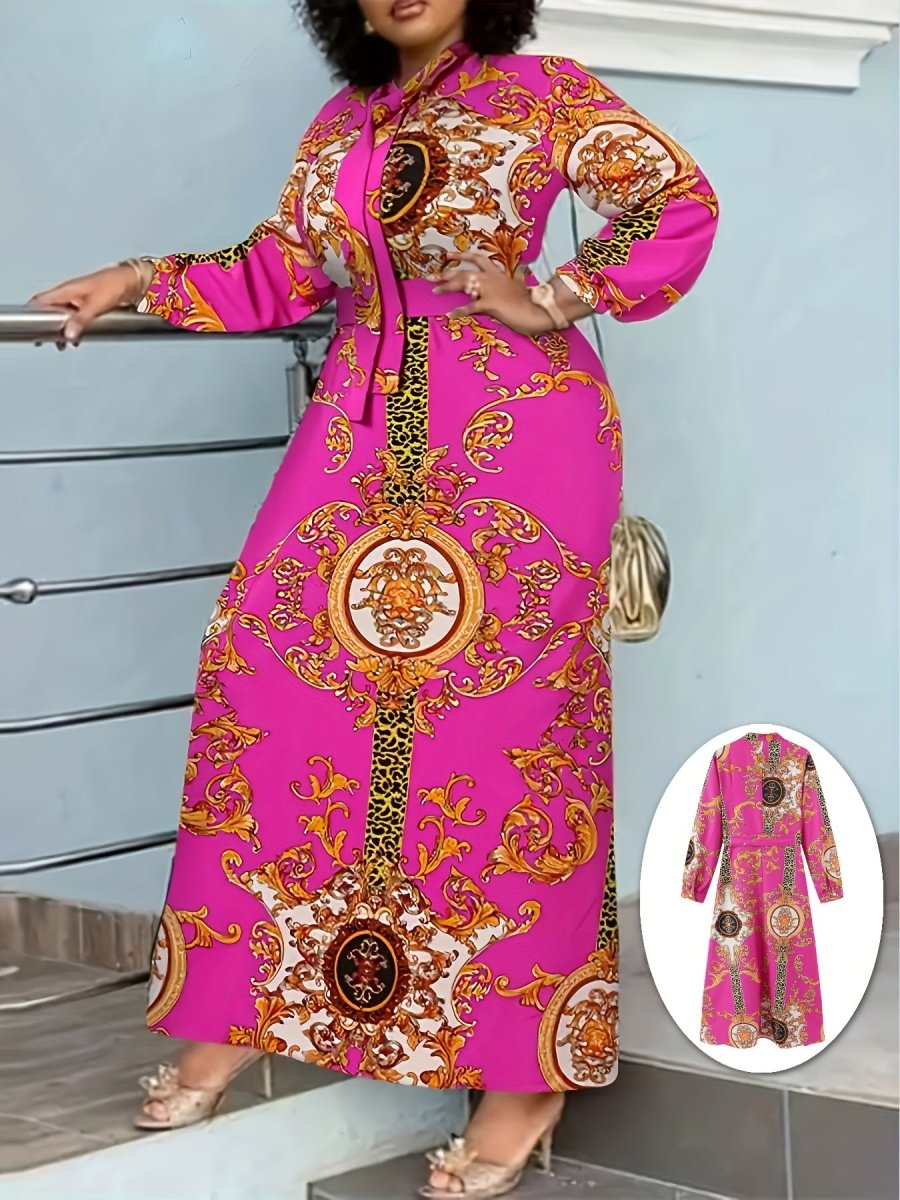 Vintage Bohemian Long Sleeve Maxi Dress - Vibrant Pink with Golden & Black Floral Patterns, High Neck Tie, Perfect for Fall, Winter, Spring, and Summer, Holiday Party Dress|Vintage Bohemian Style|Long Sleeve Dress - Free Delivery Worldwide only at Flexi Africa