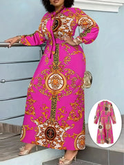 Vintage Bohemian Long Sleeve Maxi Dress - Vibrant Pink with Golden & Black Floral Patterns, High Neck Tie, Perfect for Fall, Winter, Spring, and Summer, Holiday Party Dress|Vintage Bohemian Style|Long Sleeve Dress - Free Delivery Worldwide only at Flexi Africa